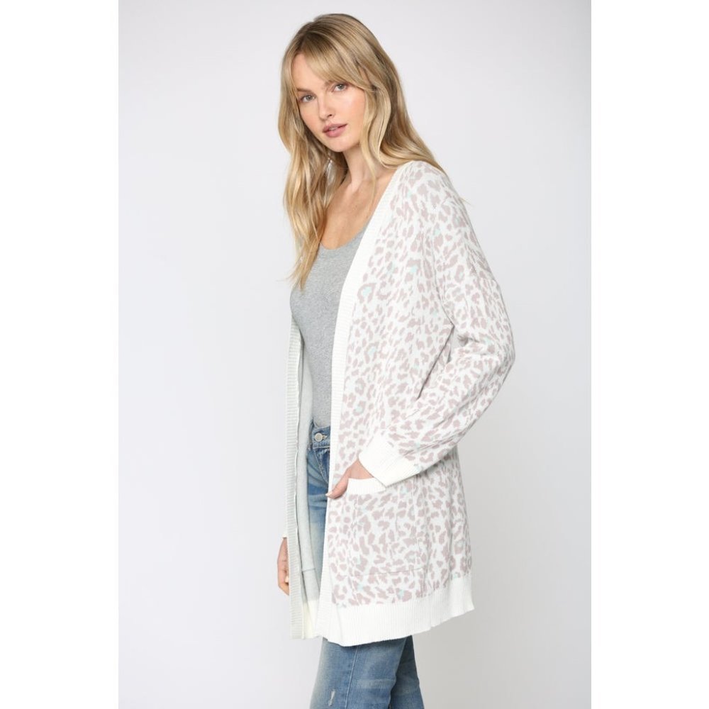 NEW Leopard Knit Cardigan- Cream/Mint
